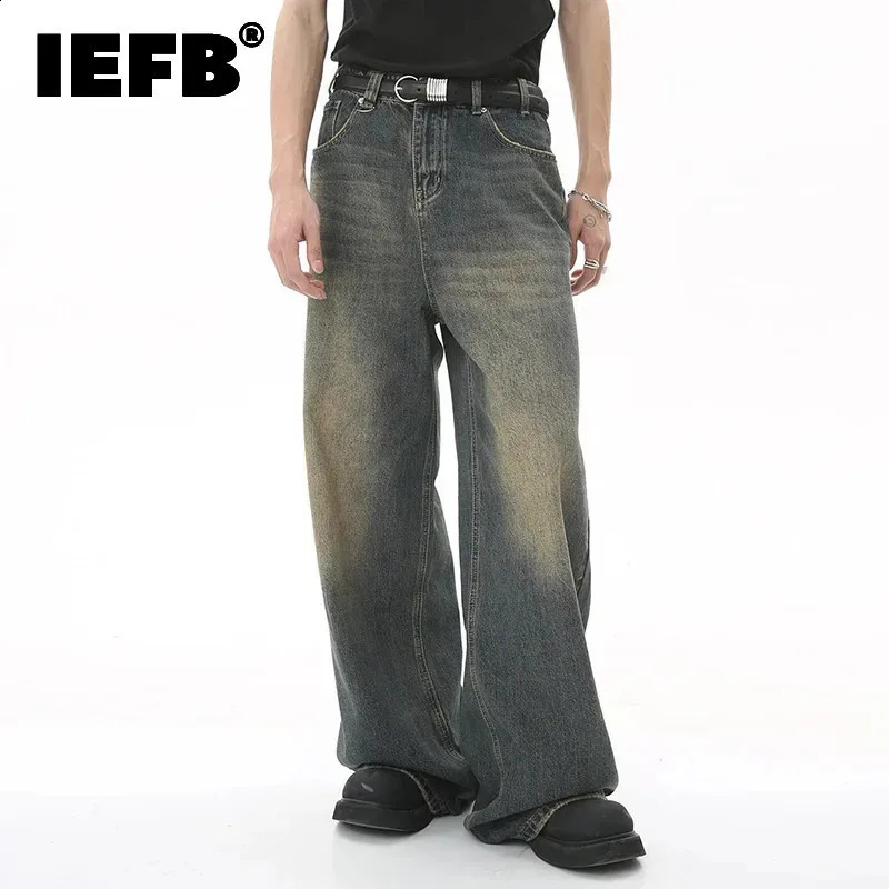 IEFB Mens Vintage Jeans Fashion Washed Street Casual Wide Leg Denim Pants Summer Distressed Loose Male Versatile Trousers 9C354 250519