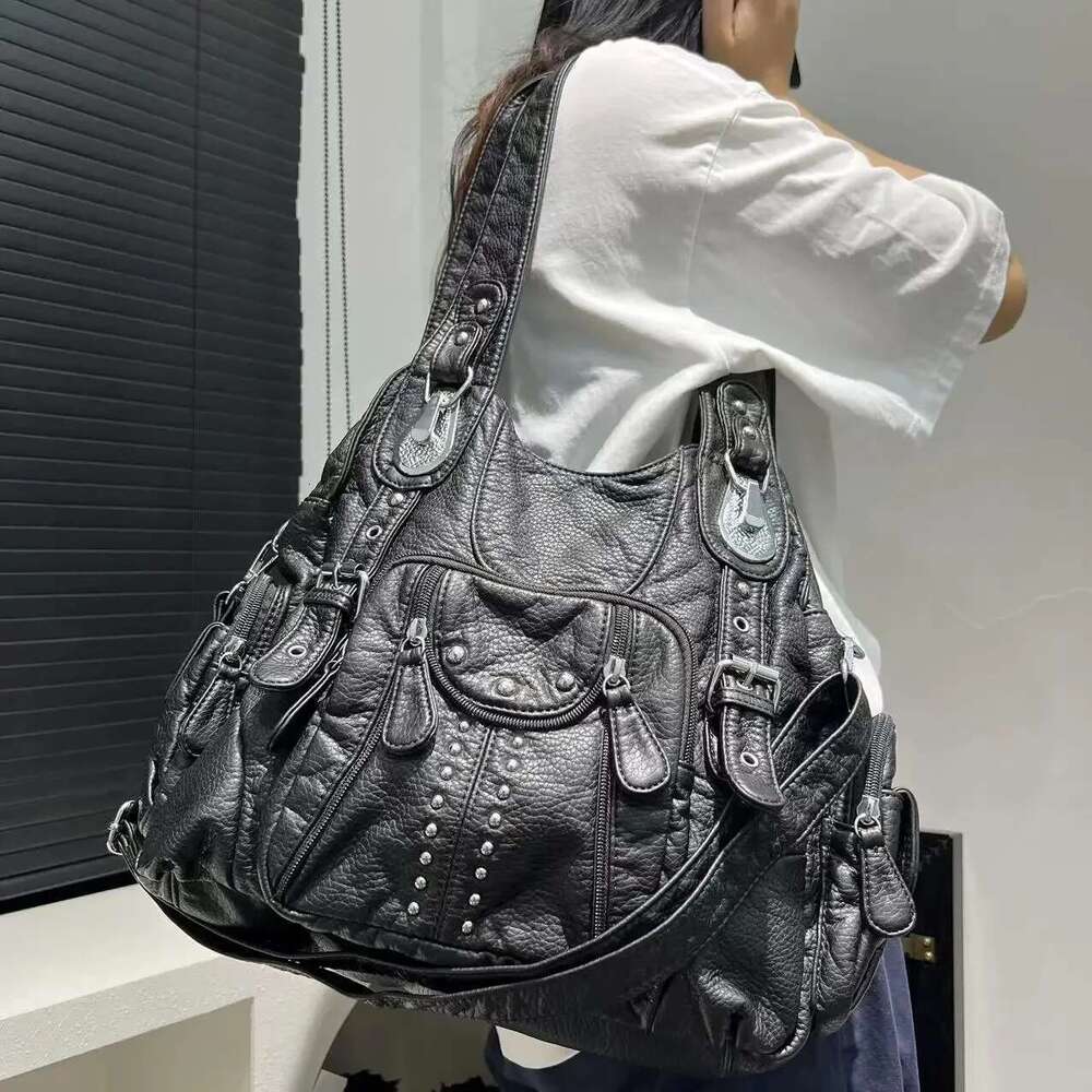 Women's Fashion Y2k Washed Distressed Hot Girl Motorcycle Large Capacity Rivet Shoulder Messenger Bag