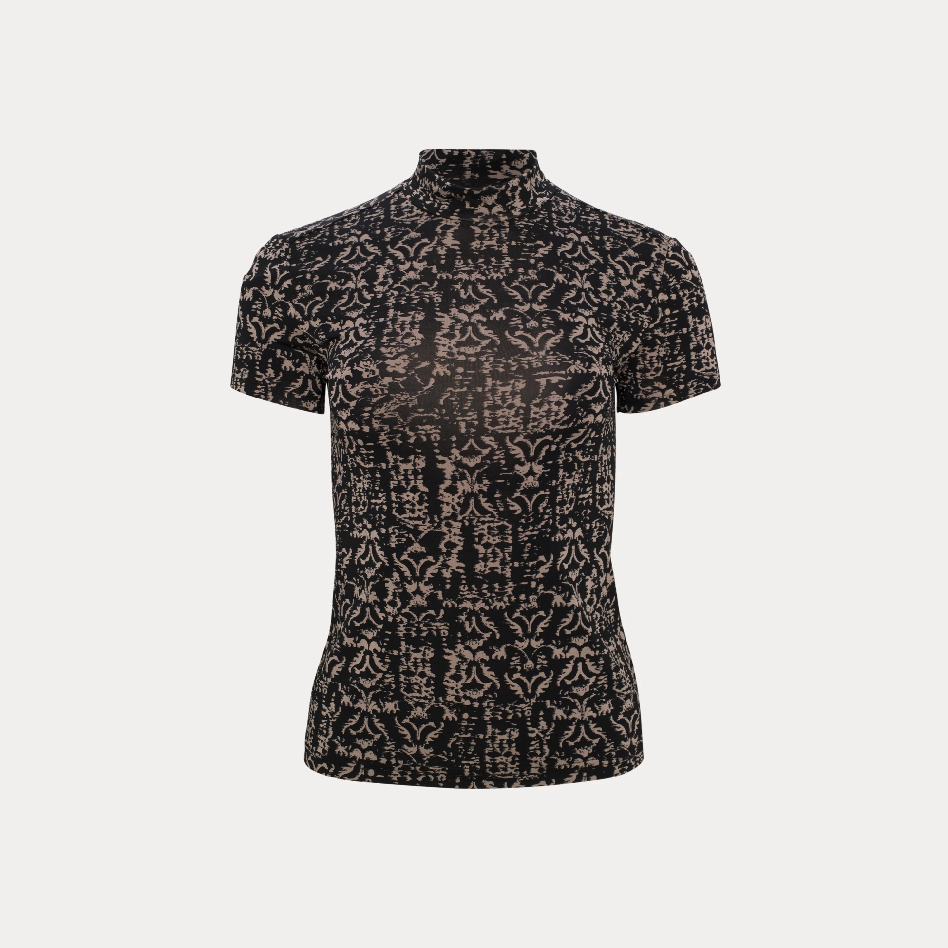 Women's Black and Beige Short-sleeved Print T-shirt with High-collar