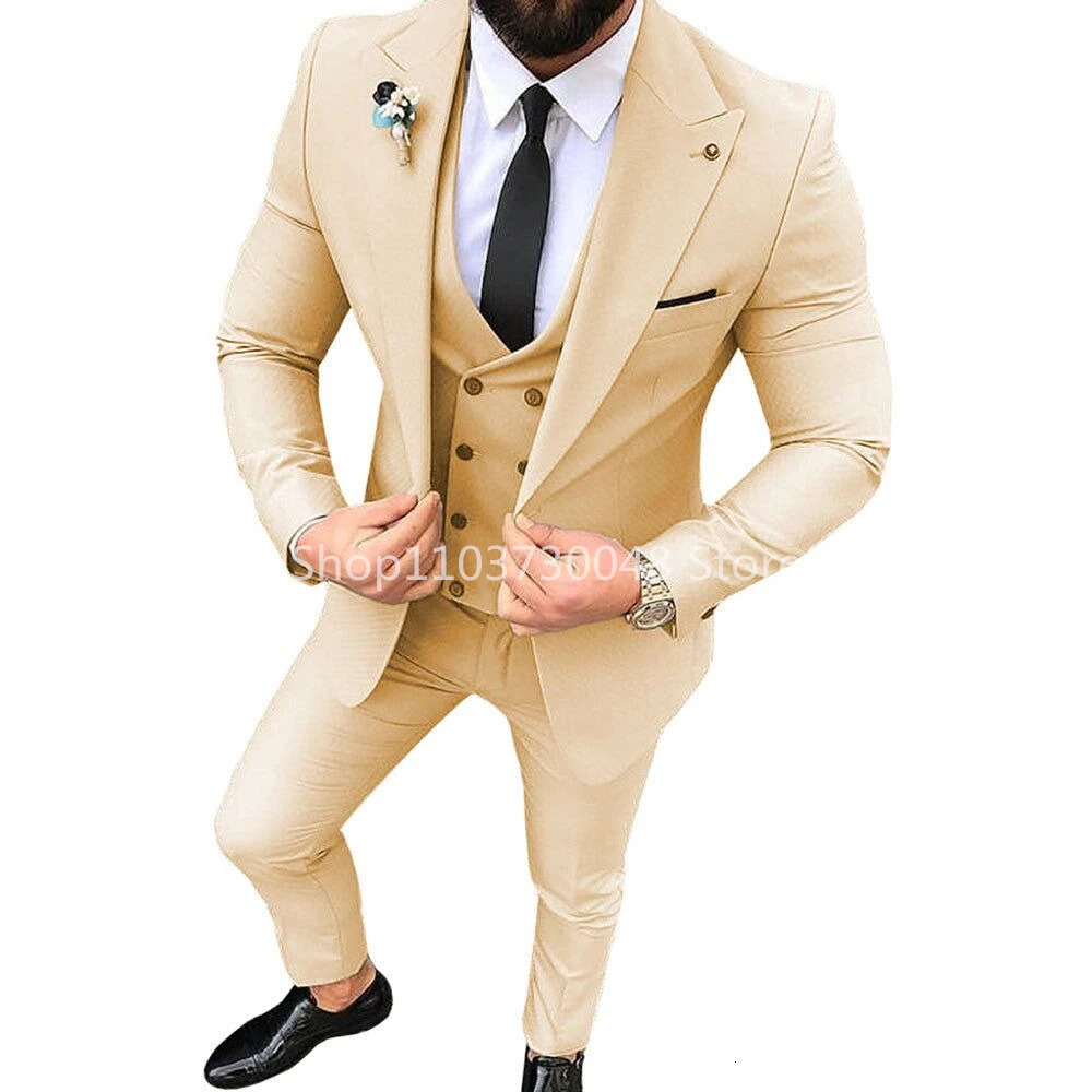 Solid Wedding Mens 3 Pieces Suit One Button Lapel Jacket Vest Trousers Dinner Groom Tuxedos Slim Fit Formal Business Suits 250514