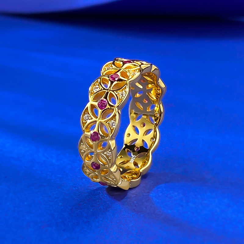 New Vintage Chinese Coin Design Gold-Plated S925 Sterling Silver Ring with Floral Detailing