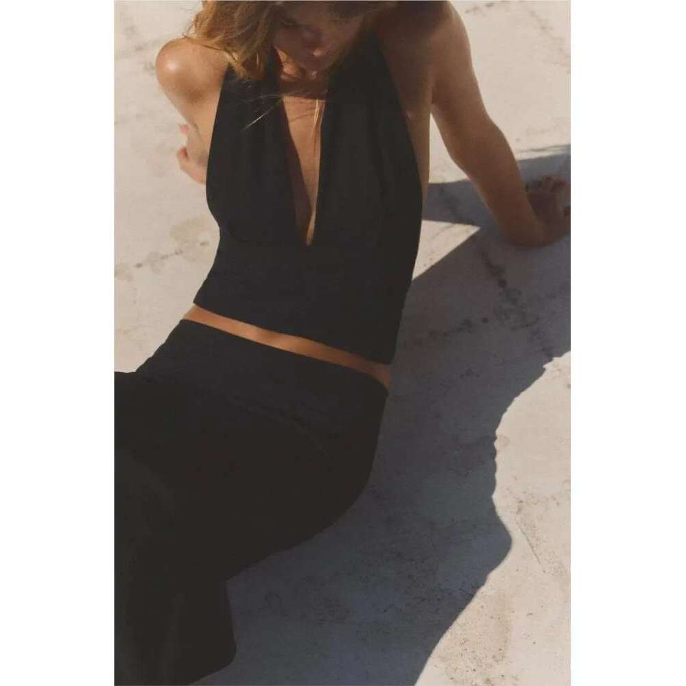 TRAF Elastic Skirt 2 Halter Backless V Neck Women's Top High Waist Midi Skirts Two Piece Set Women Outfit