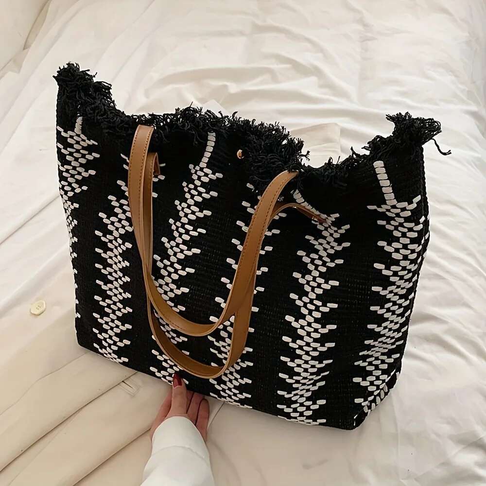 Chic Striped Canvas Tote Bag With Fringe Detail - Spacious Shoulder Handbag For Beach & Shopping, Hine Washable