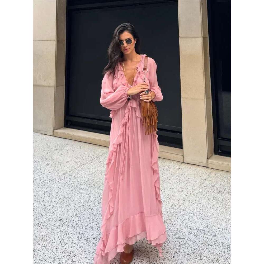 Elegant Solid Multiple Flounces Full Sleeve Robes Chic Loose V Neck Lace Up Pleated Dresses New Lady Summer Party Club Gown 2025 Designer