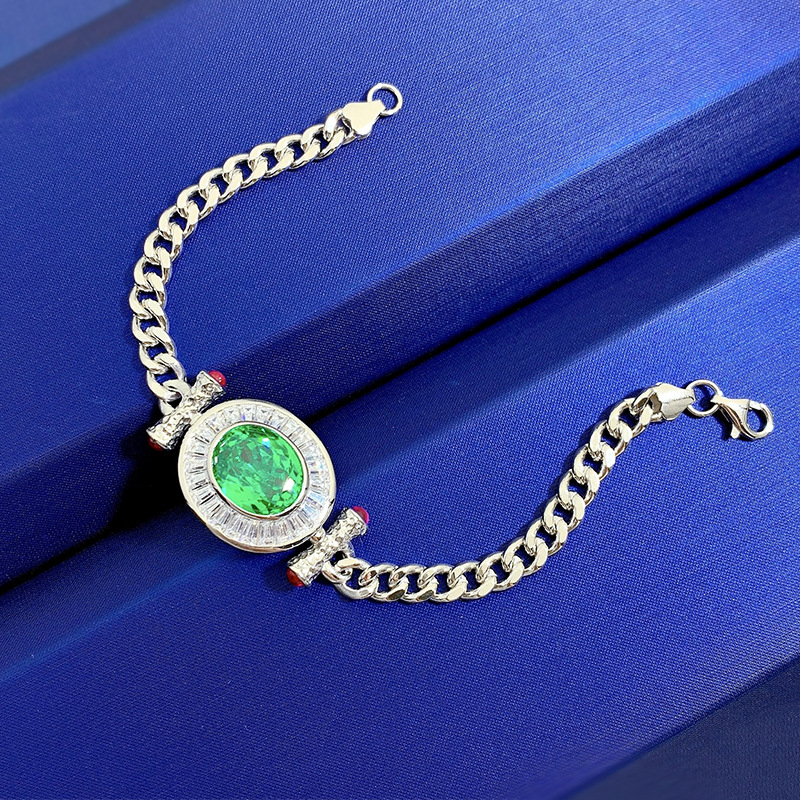 New S925 Silver 10*12 Paraiba Green Cuban Link Bracelet for Men and Women