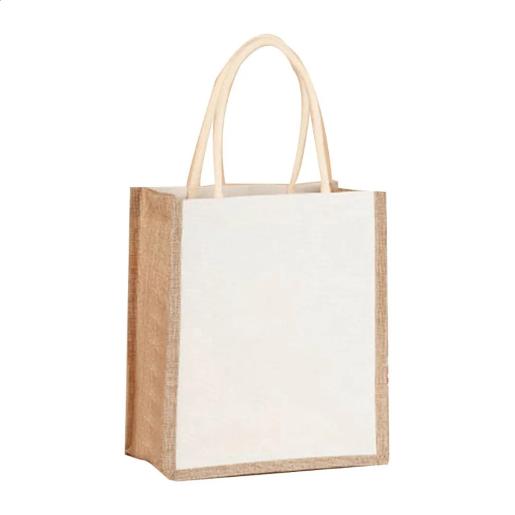 Women Burlap Jute Tote Bag Large Capacity Canvas Casual Shopping Bag Contrast Color Ladies Outdoor Handbag 250516