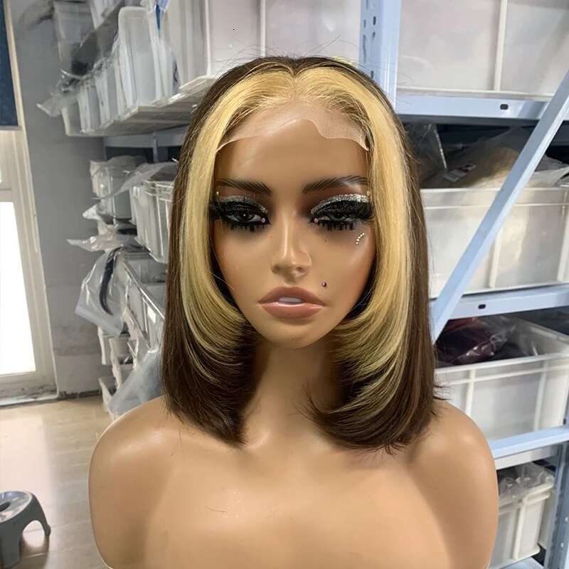 4x4 Lace Closure 12A Double Drawn Bob 180% Density Human Wigs Brown With Blonde Colored Wig Brazilian Virgin Hair