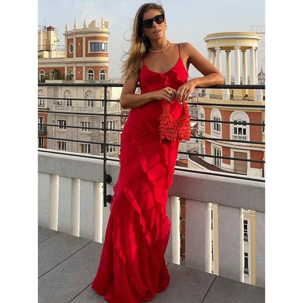 2024 Summer Fashion New Elegant Women's Sexy Chiffon Vacation Sling with Ruffle Edge Style Long Dress