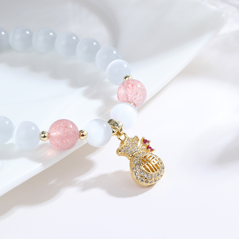 Creative Cat's Eye Money Bag Bracelet, Female Design, Sweet Handmade Jewelry, Flower Butterfly Peach Stone Bracelet