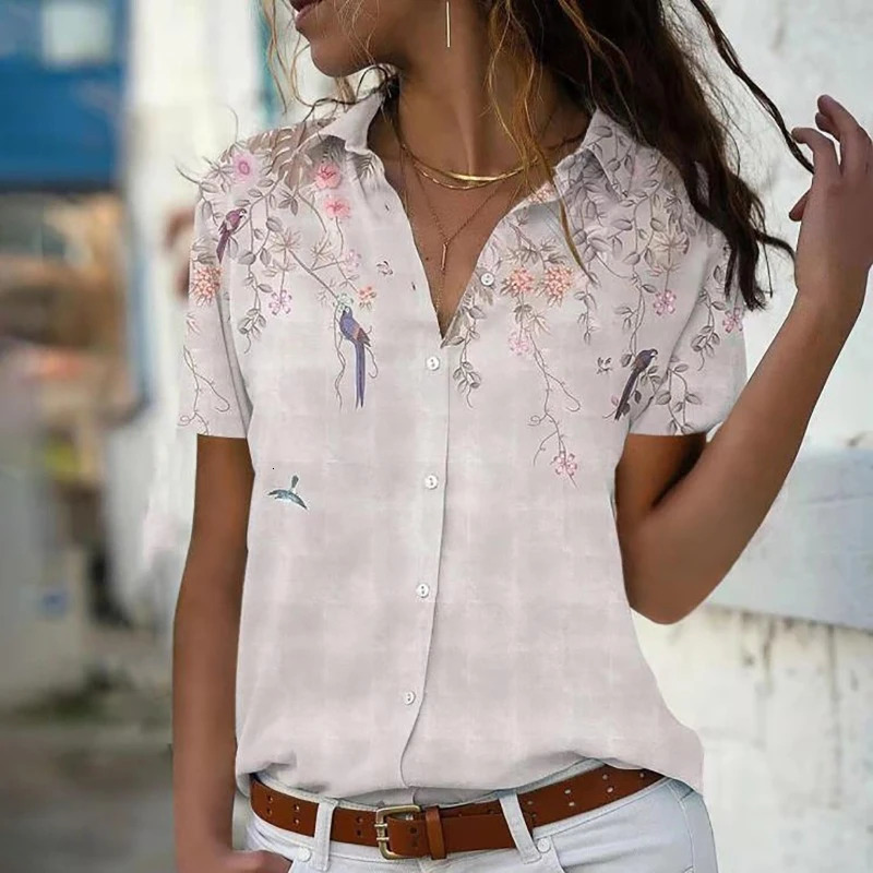 Summer Short Sleeve Women Shirt 2025 Printed Office Fashion Lapel Casual Simple Blouse Elegant Loose Blusas Mujer Tops 250514
