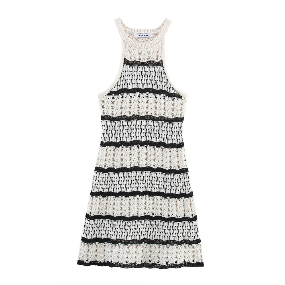 Classic Black White Contrast Color Sleeveless Striped Texture Hollow Out n Women Slim Mini Halter Dress ZATT Spring 250520