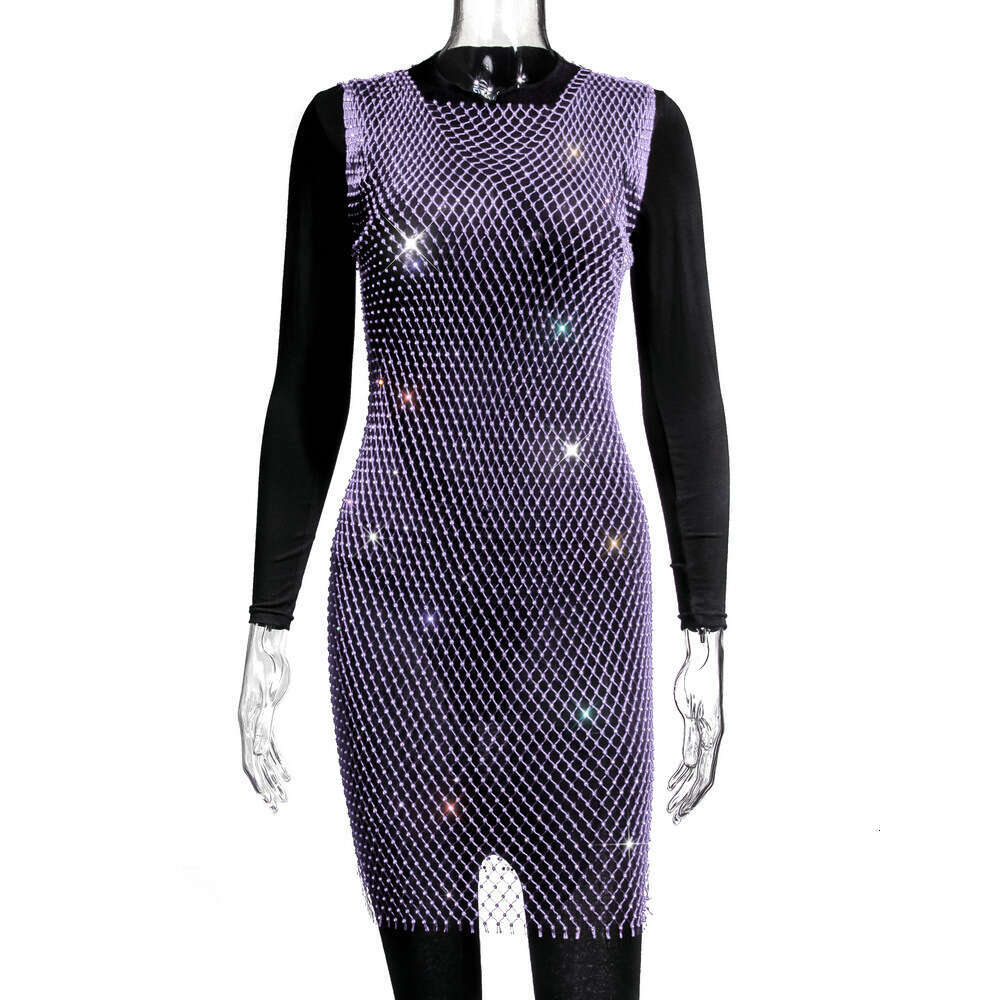Dia fishing net top in 2025 European and American summer hot selling grid sparkling dia women's short sleeved dress new casual fashion trend clot