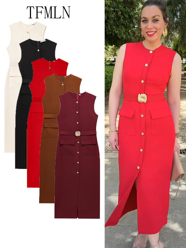 TFMLN Elegant Women Midi Dress With Belt Summer Oneck Single Breasted Sleeveless Pocket Dresses Front Slit Solid 250520