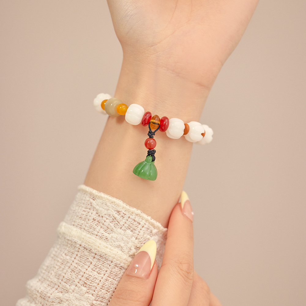 New Chinese White Jade Bodhi Root Hand String China-Chic Lotus Pendant Buddha Beads Bracelet Female Jewelry