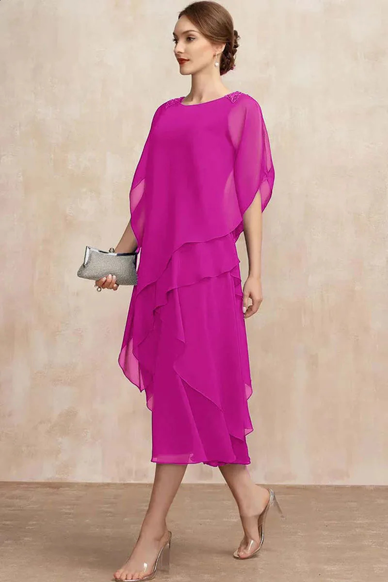 Women Plus Size Chiffon Dress Short Sleeve Elegant O-Neck Solid Party Irregular Layered Petal Sleeve Summer Fashion Maxi Dress 250519