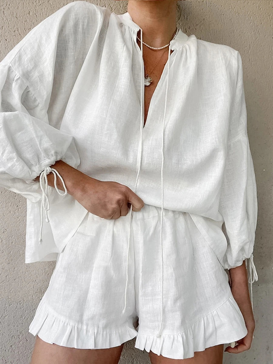 Casual Women s Summer Outfit Stylish Long Sleeve V-Neck Top with Tie-Up Detail and Elastic Waist Shorts Set for a Chic Look 250516