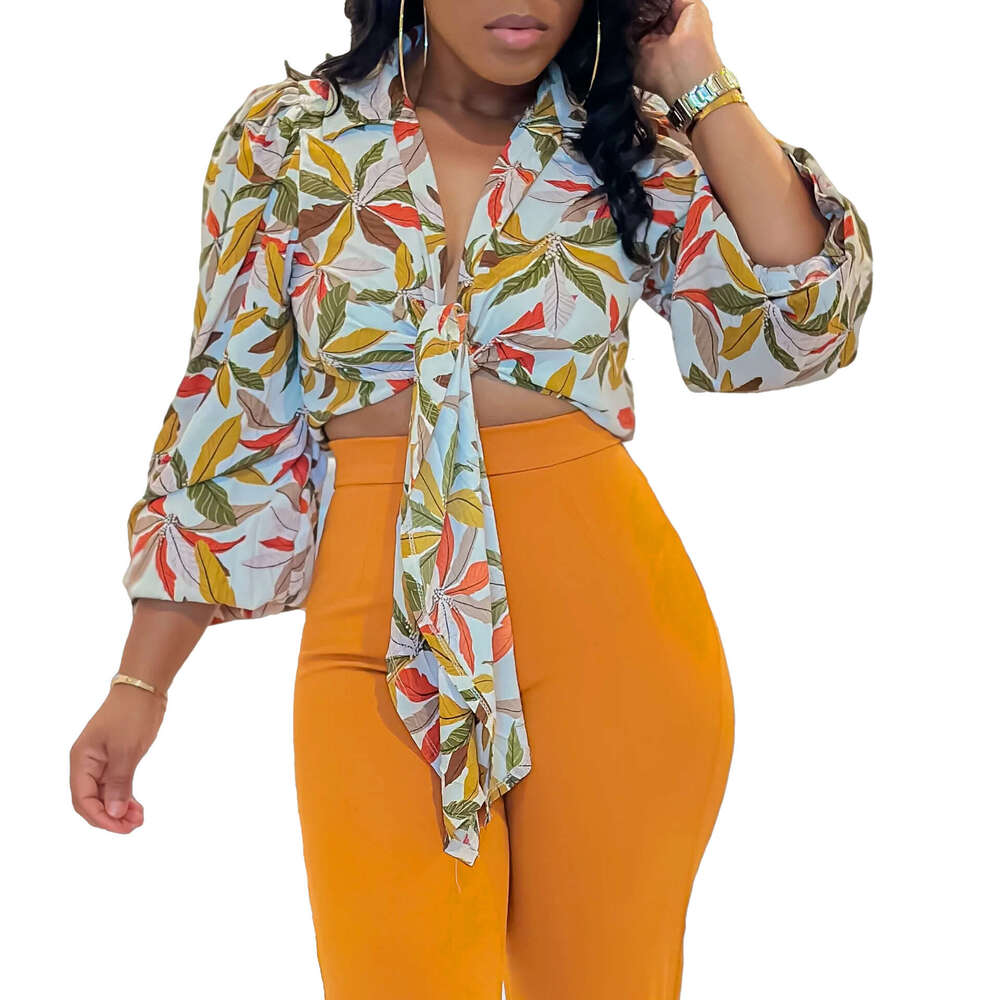 Women's Wear New Fashion Women's Printed Polo Collar Tie Up Long Sleeved Shirt