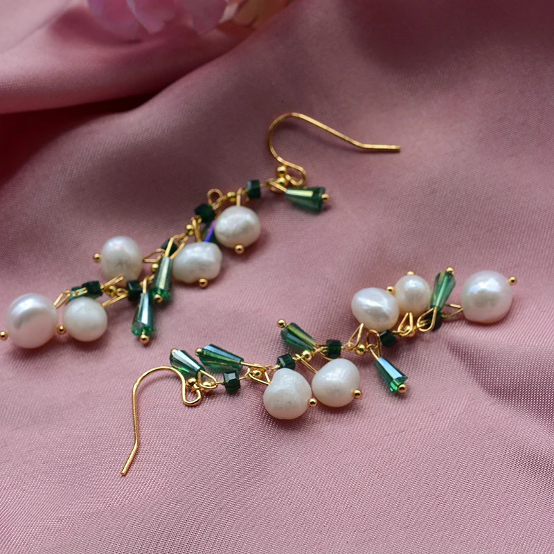 Arrival Trendy Green Crystal Natural Freshwater Pearl 14K Gold Filled Female Tassels Drop Earrings Jewelry For Women Gifts 250517