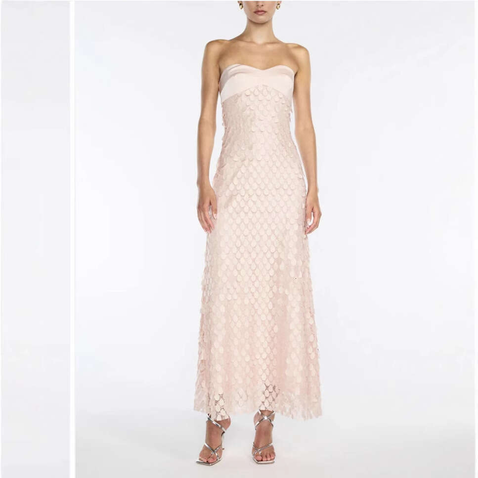 Spring and summer strapless texture fabric lace bead backless long sequined dress 2025 temperament versatile new trendy clothing ins
