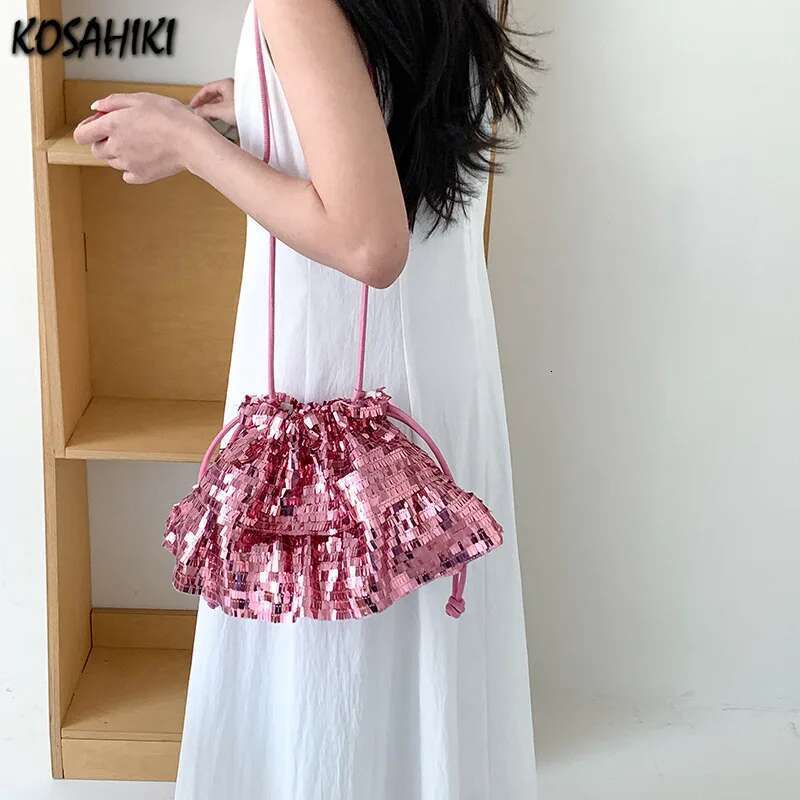 Korean Fashion Sequined Women's Handbags Personality Drawstring Y2k Aesthetic Shoulder Bags Design Vintage Underarm Bag