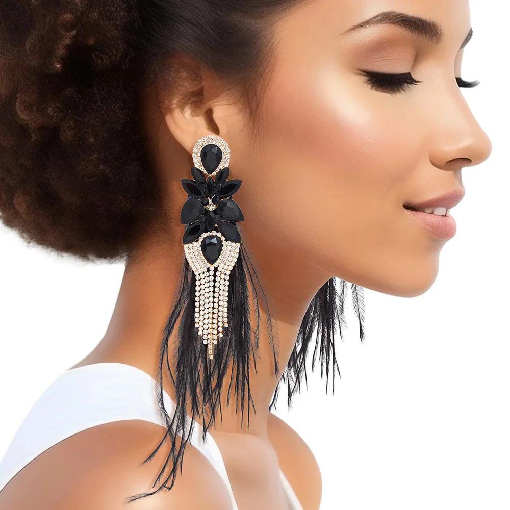 Stonefans AB Color Rhinestone Tassel Feather Earrings Jewelry for Women Statement Large Earrings Belly Dance Decor Prom Jewelry 250520