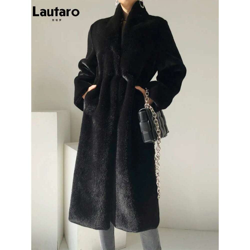 Lautaro Winter Long Black Elegant Stylish Thick Warm Fluffy Hairy Soft Faux Mink Fur Coat Women Stand Collar Sashes 2023 Designer