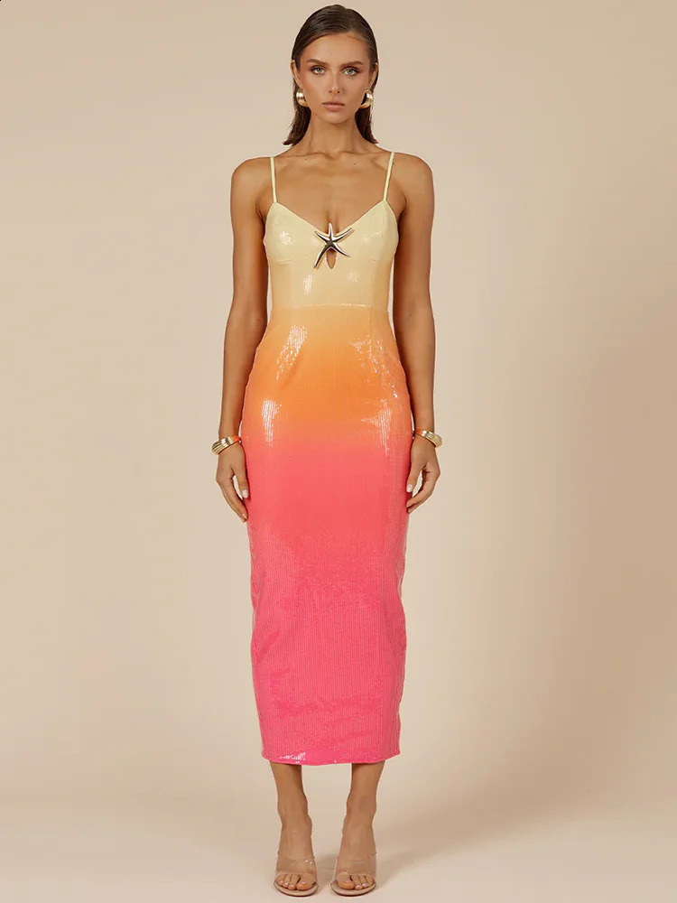 Mozision Sequins Spaghetti Strap Gradient Sexy Maxi Dress For Women Fashion Sleeveless Backless Split Sparkle Club Party Dress 250519