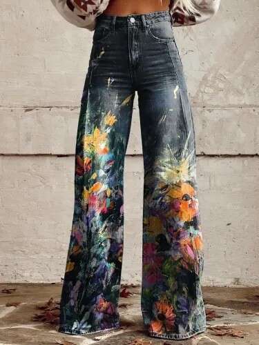 Women's oversized imitation denim 3D printed casual wide leg pants, flared pants