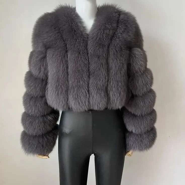 Open Women Faux Fur Coats Thick Warm Fox Short Coat Turn Down Collar Solid Full Sleeve Elegant Splice Autumn Winter Designer