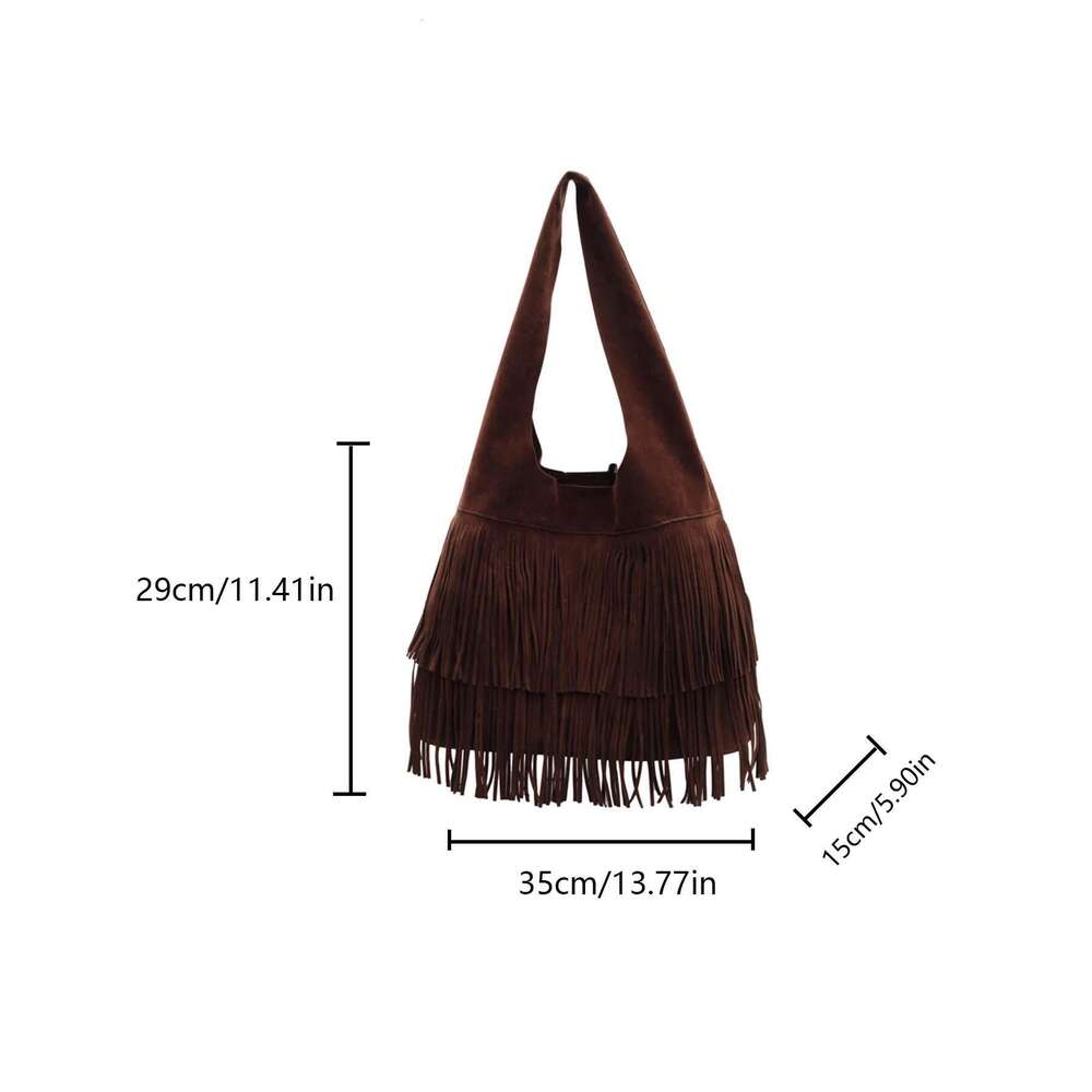 Autumn And Winter Retro Leather Veet Tassel For Women New Casual Large Capacity Shoulder Handheld Bucket Bag