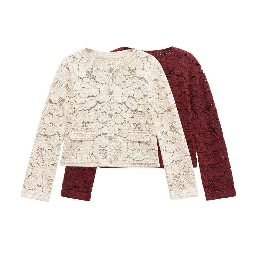 TRAF & Women 2025 Spring New Fashion Leisure Style Knot Knitted Coat Chic Hollow Joker Crewneck Long Sleeve Cardigan Mujer