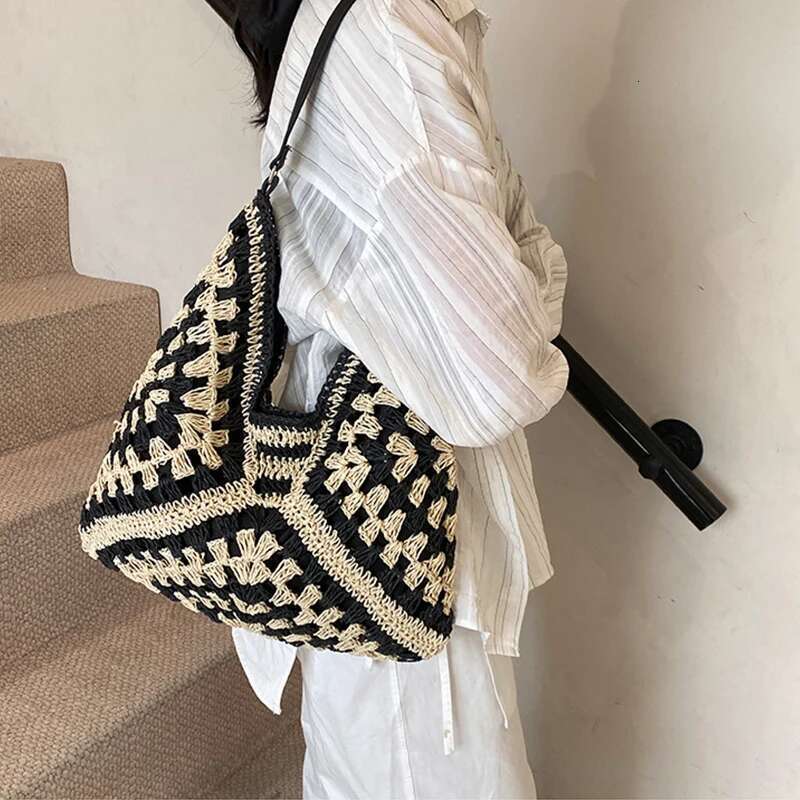 Summer Straw Knitting Hollow Out Tote Solid Beach Bag Holiday Travel Handbag Boho Shoulder Purse For Women