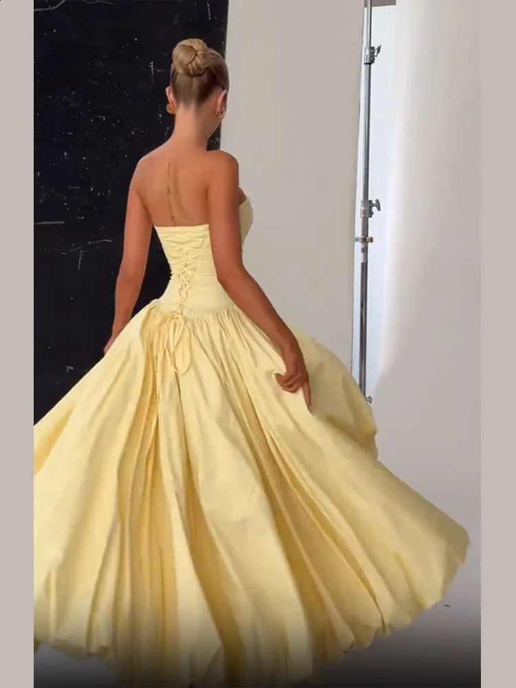 Butter Yellow Womens Party Dress Womens Fashion Strapless A-line Bubble Hem Slim Robes Summer Lady Evening Party Dresses 2025 250519