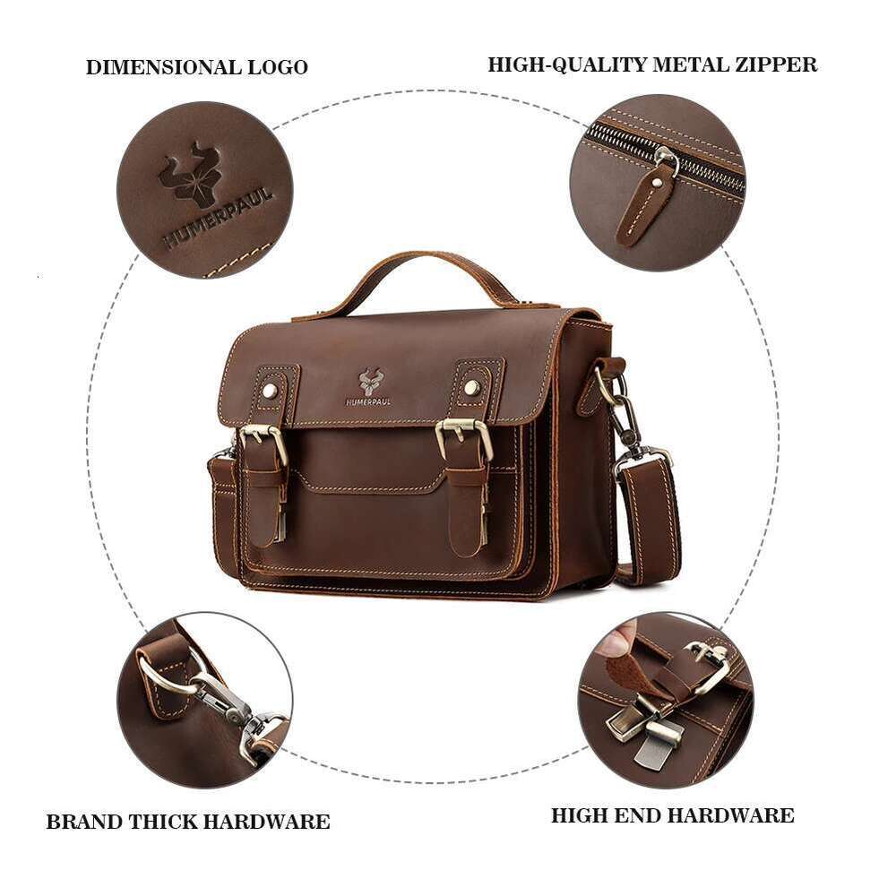 HUMERPAUL Crazy Horse Leather Men Messenger Vintage Large Capacity Crossbody Bag Handbags Multifunctional Business Briefcase