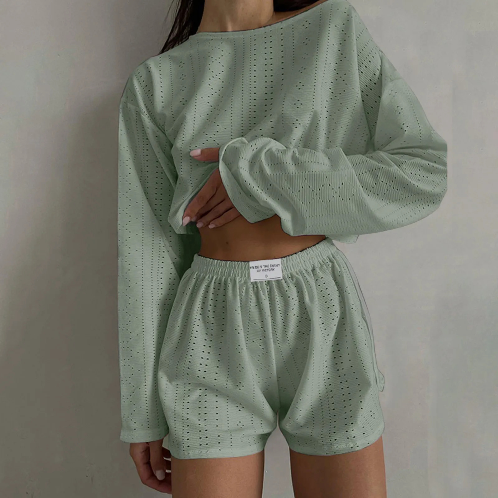 Womens Summer Fashion Casual Two Piece Outfits Casual Shorts Set O Neck Long Sleeve Tops And Shorts Swim Short Suits for Women 250516