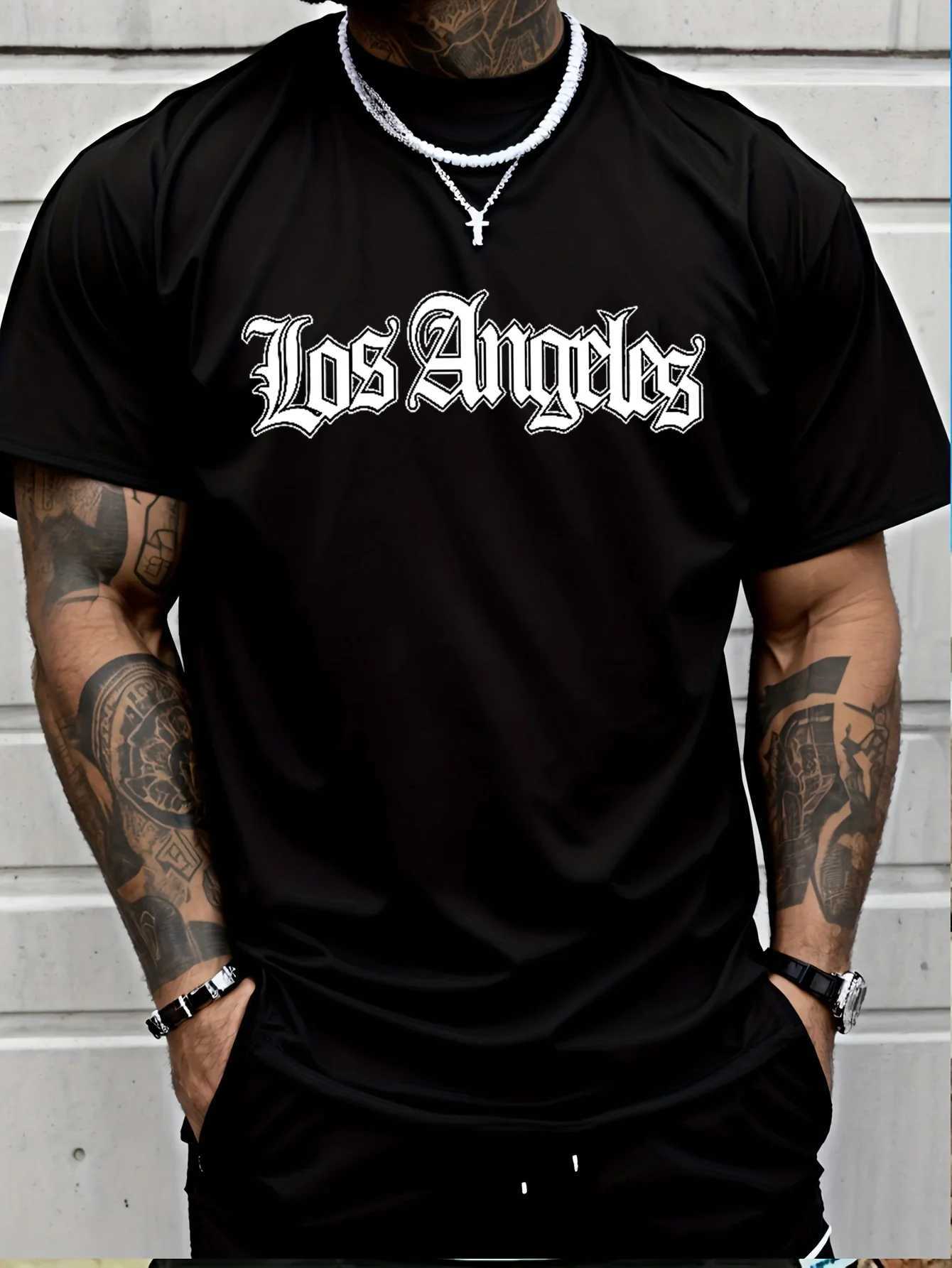 Mens summer 100 cotton fashionable casual loose plus size Los Angeles letter printed sports round neck short sleeved T-shirtXJ250520