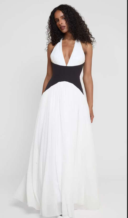Color blocking sexy vacation hanging neck deep v backless long dress, dress 2025 new casual versatile fashion clothing