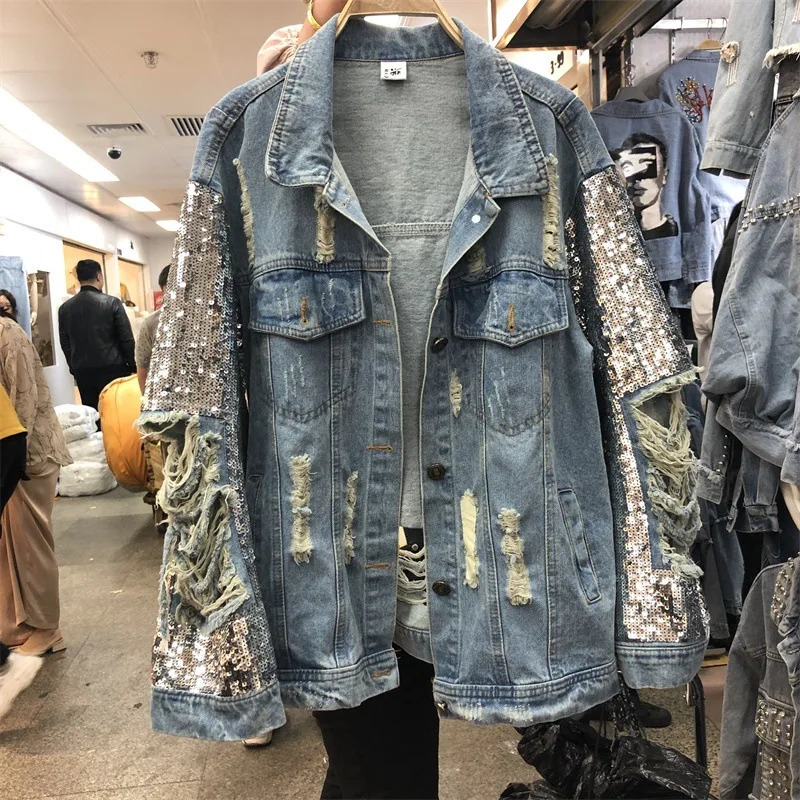 European Style Spring Autumn Sequins Loophole Denim Coat Womens Loose Fashion Personality Street Jean Jacket Clothes 250519