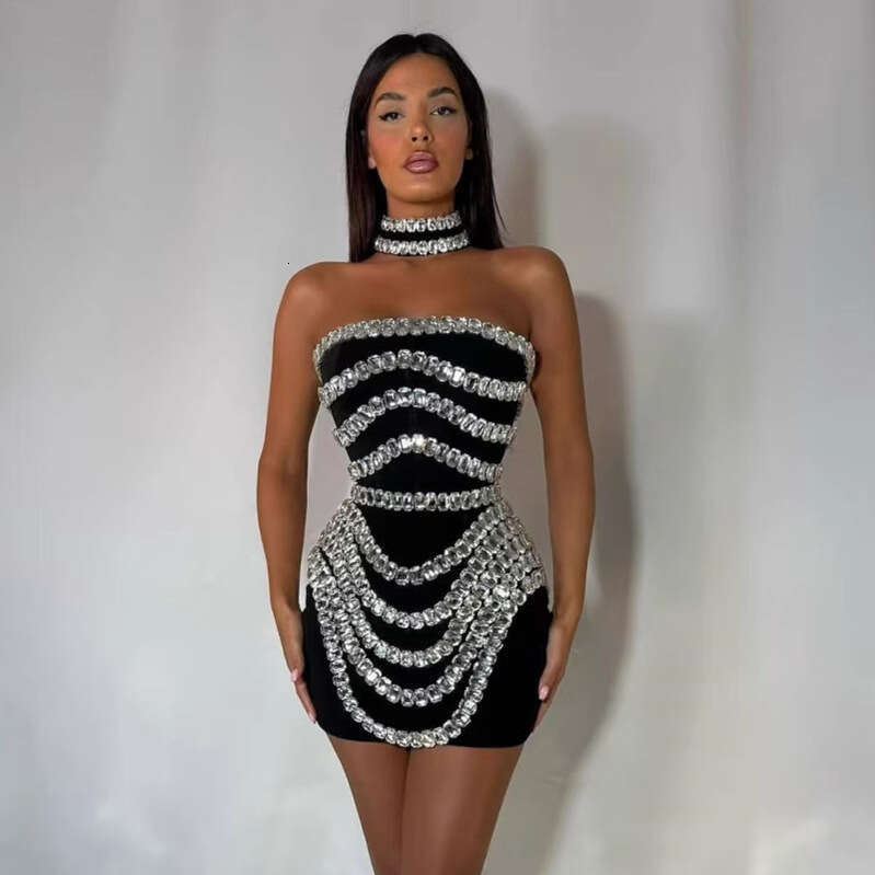 Halter Dress Luxury Rhinestone Personalized Neck Chain Strapless Tight Bandage Dress Fashionable And Spicy Party Dress Maxi Dress