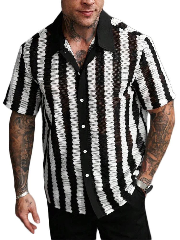 Trendy Mens Knitted Shirts Summer Casual Hollow Out Breathable Cardigans Men Beach Fashion Short Sleeve Striped Knit Shirt 250520