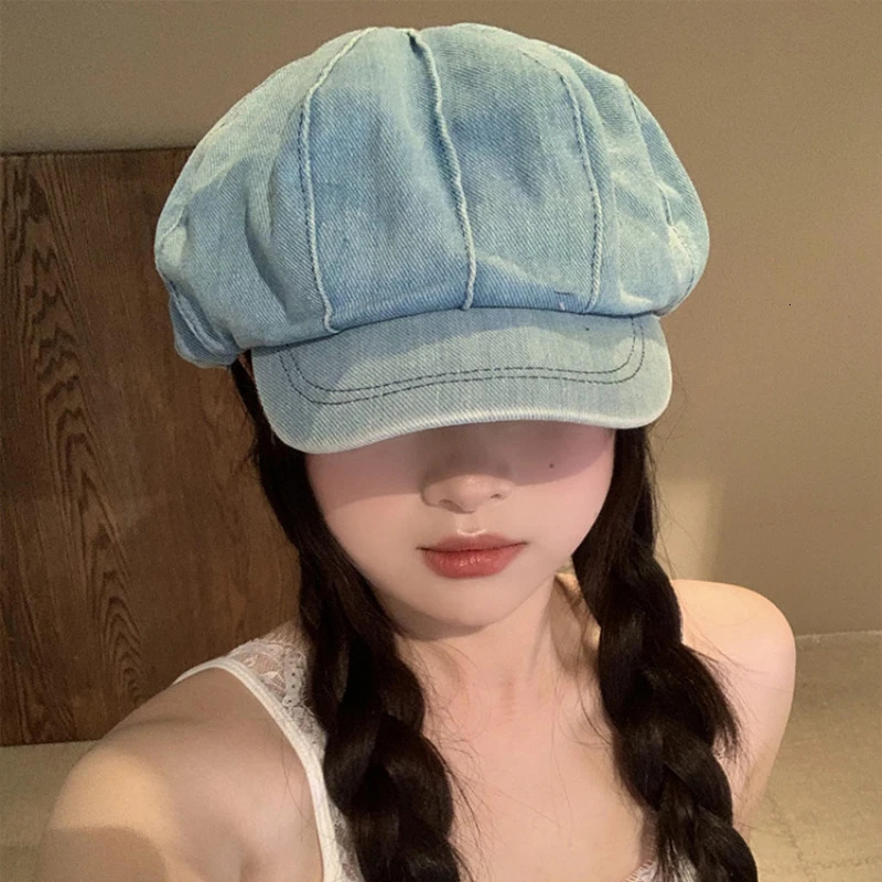 Japanese Niche Striped Retro Washed Denim Berets Cap for Women Spring Summer Literary Versatile Cloud Octagonal Hats 250520