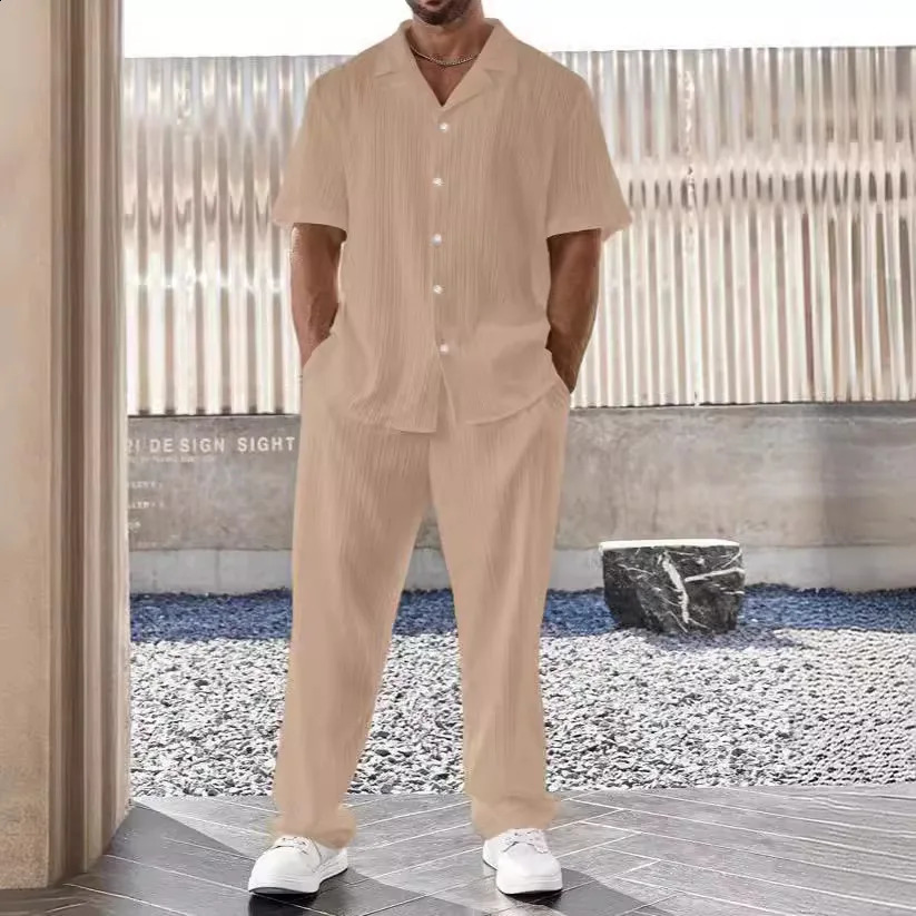 Mens Suit Casual Button Shirt and Short Sleeve Pants Two-piece Set for Men 250519