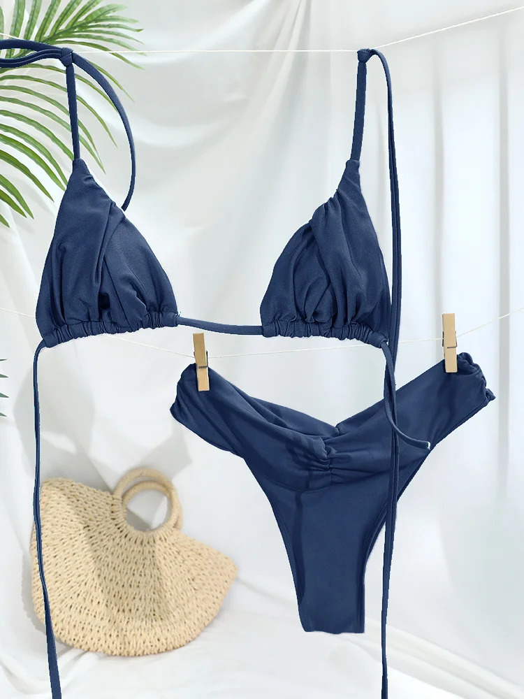 Sexy Folds Bikini Set Solid Micro Bikinis Women Swimsuit Female Triangle Swimwear Beach Wear Bathing Suit 250516