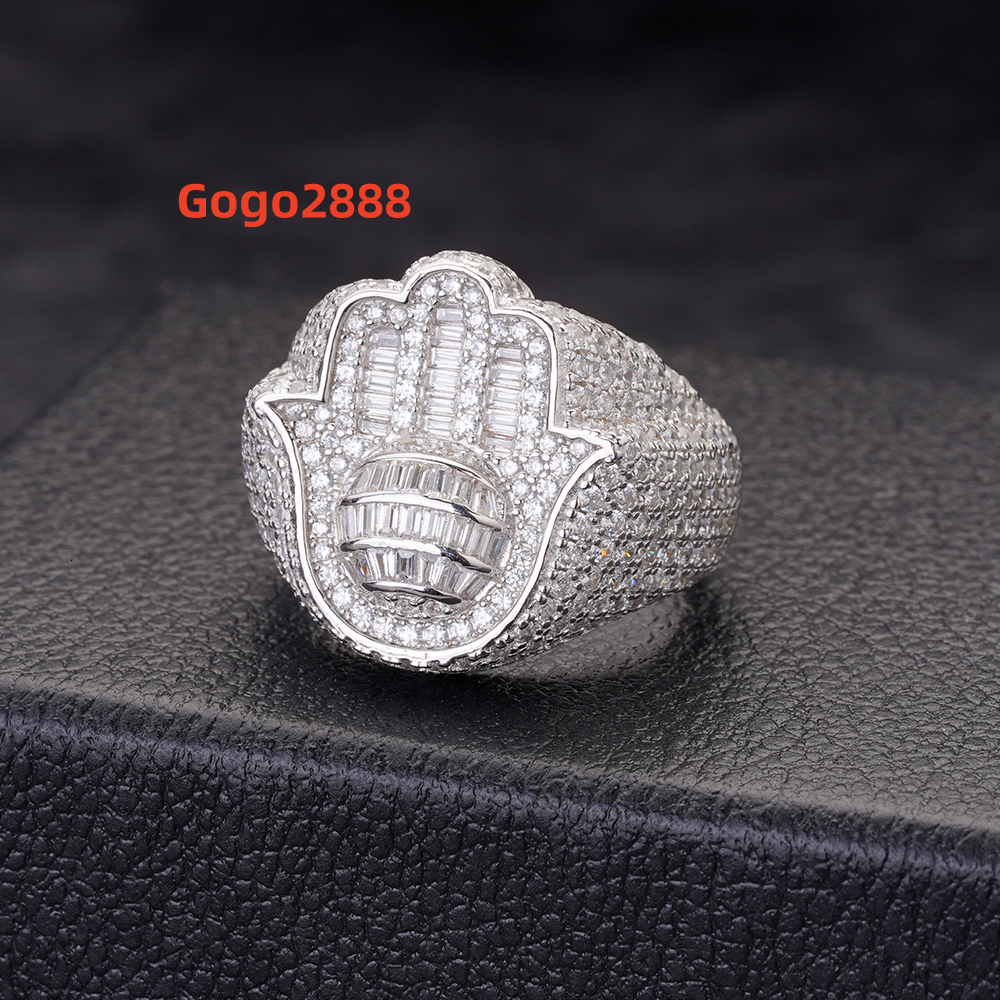 Hip Hop Bling Iced Out Zirconia Popular Custom 925 Plata Vintage 14K Baguette Iced Out Hamsa Hand Fatima Ring