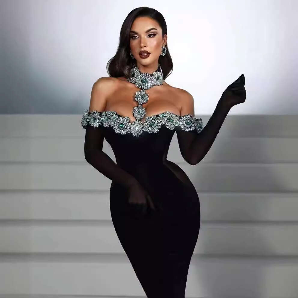 Halter Dress Summer Style Gloves Luxurious Diamond Studded Hanging Bag Hip Bandage Dress Fashionable High End Red Carpet Party Dress Maxi Dress
