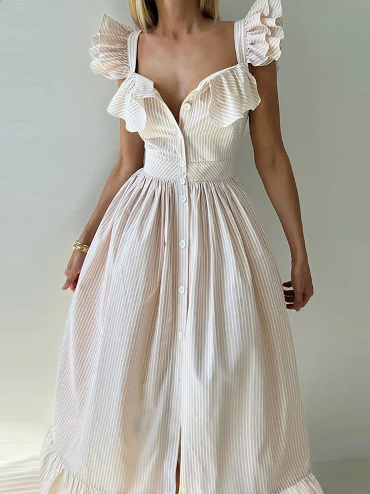 Flying Sleeves Striped Flounce Halter Dress Woman Waist Cinching Single Breasted A-Line Robes Chic Fashion Womens Long Dresses 250519