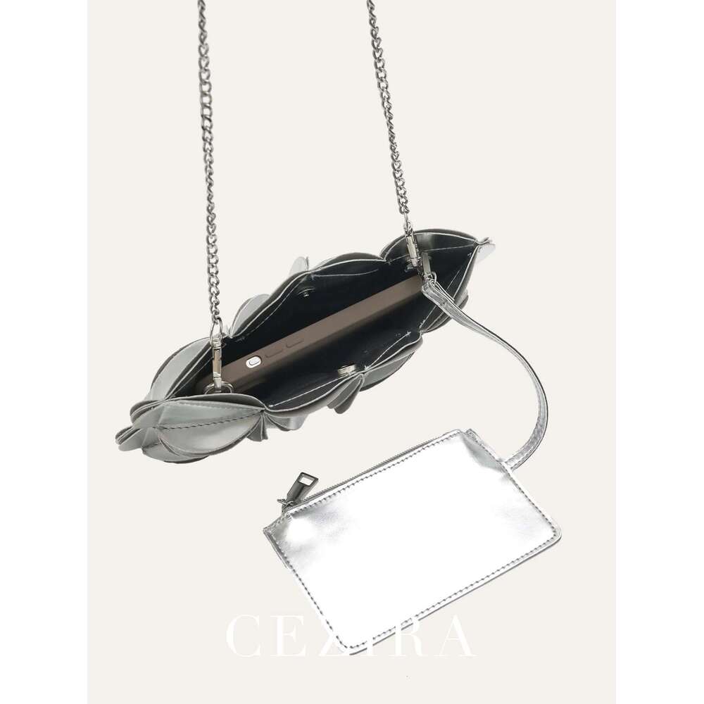 CEZIRA Metallic PU Leather Women Fashion Phone Petal Patchwork Shoulder Crossbody Bag Coin Purse Square Chic Chain Party Y2K