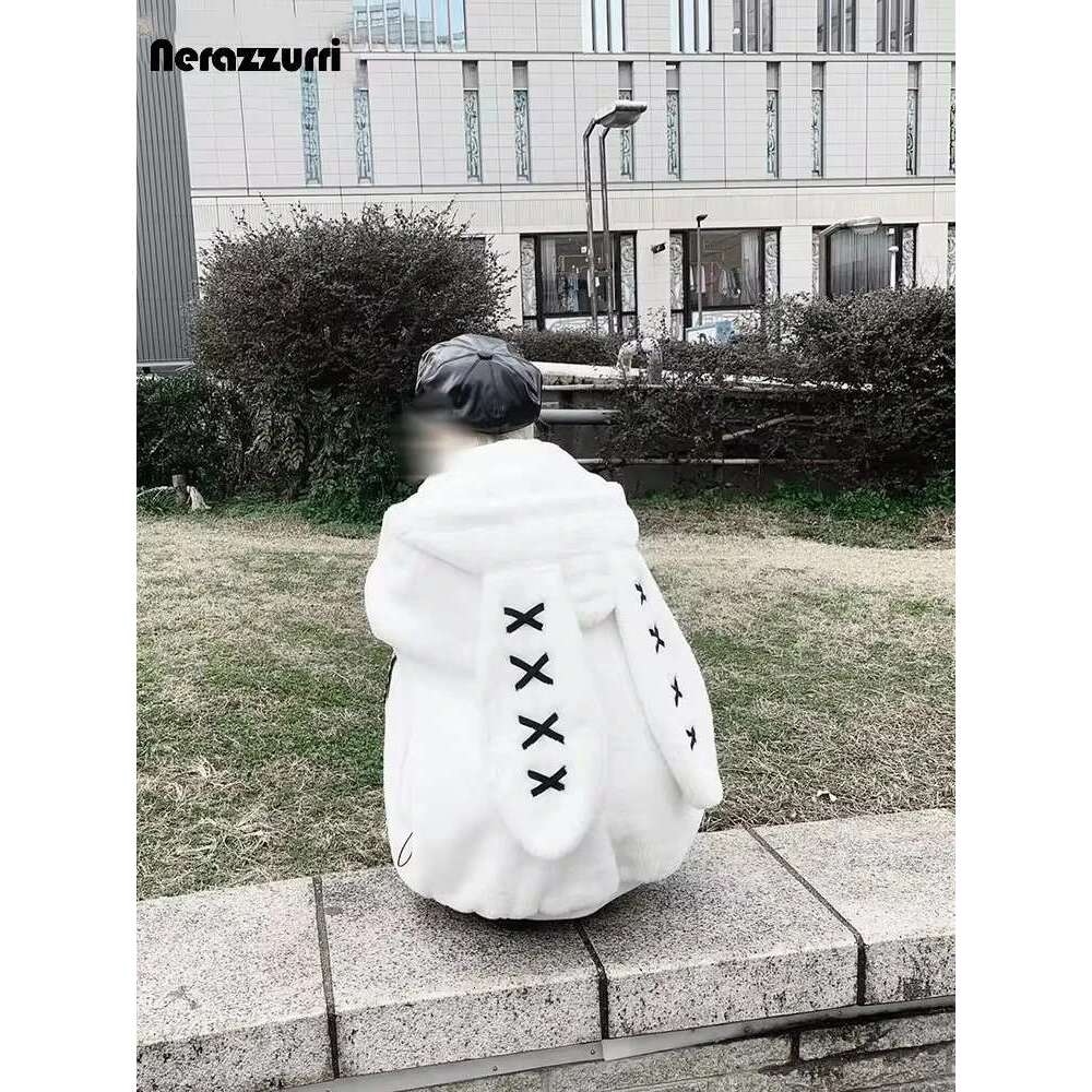 Nerazzurri Winter Sweet Kawaii Soft Thick Warm White Faux Fur Coat Women With Bunny Ears Cute Fluffy Jacket Hoodie 2024