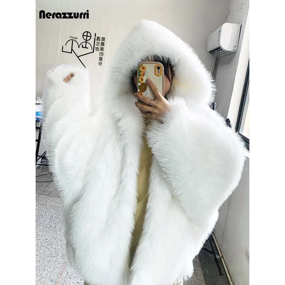 Nerazzurri Autumn Winter Oversized White Black Warm Shaggy Hairy Faux Fur Coat Women With Hood Loose Casual Fluffy Jacket 2023