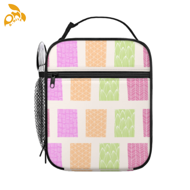 Free shipping. Top designer custom-made round beige, white and black semi-long lightweight portable hand-held insulated lunch bag for students.